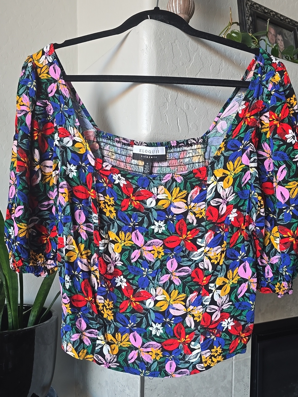 Eloquii Multicolor Floral Square-Neck Puff Sleeve Top - Multicolor